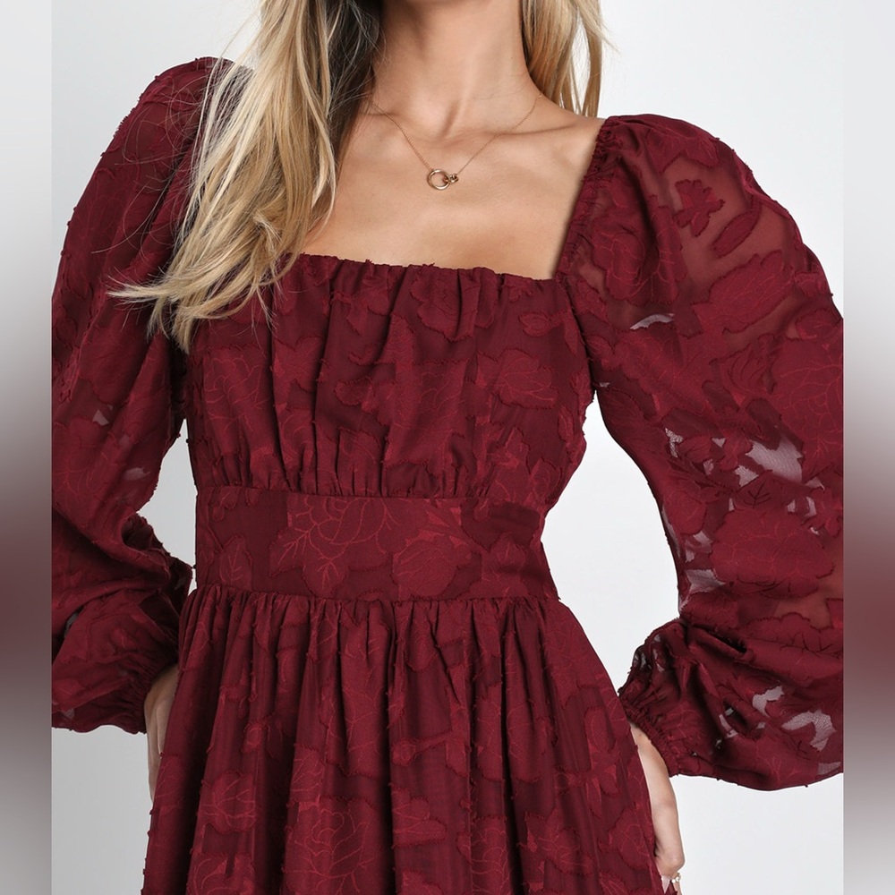 Lulus Burgundy Floral Long Sleeve Lace-Up Back Midi Dress - Picture 4 of 8